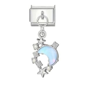 Italian Charm Dangling Moon Stars and Pearls‎ Zircon Gem Italian Charm Bracelet